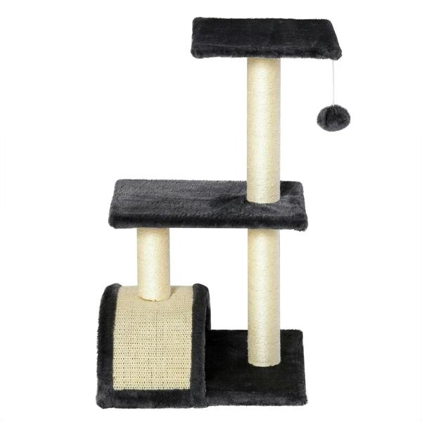 Black cat tree with three levels, sisal posts, and hanging ball