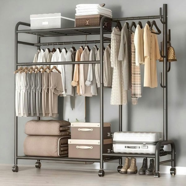 Rafaelo Mobilia Heavy Duty Metal Clothes Rail Open Wardrobe With Storage Shelves Black