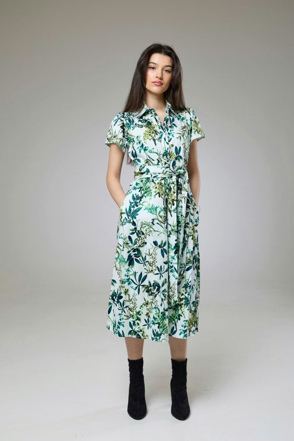 Isha's Timeless collection Flourish Green Flora Short Sleeve Shirt Dress