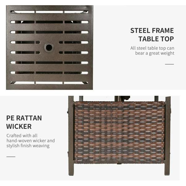 Underside view of brown rattan coffee table showing steel frame and woven panel