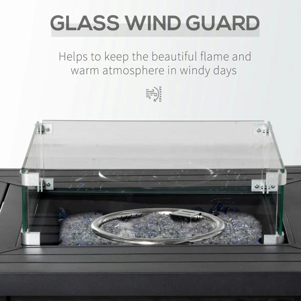 Black square fire pit table with open glass wind guard and lava-rock burner base