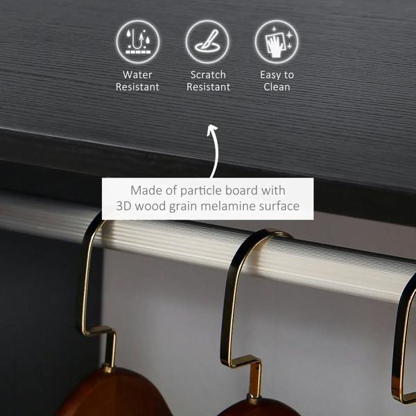 Black melamine woodgrain surface with smooth edge trim on wardrobe panel