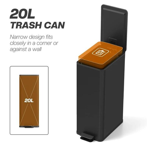 20L Kitchen Pedal Bin, Slim Stainless Steel Rubbish Bin with Removable Inner Bucket, Soft-Close and Stay-Open Lid, Black