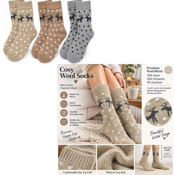 Ladies Wool Blend Christmas Reindeer Socks – Warm Winter Socks UK 4-7