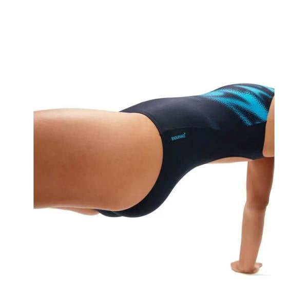 Navy blue Speedo Hyperboom Placement Muscleback with geometric yoga pants
