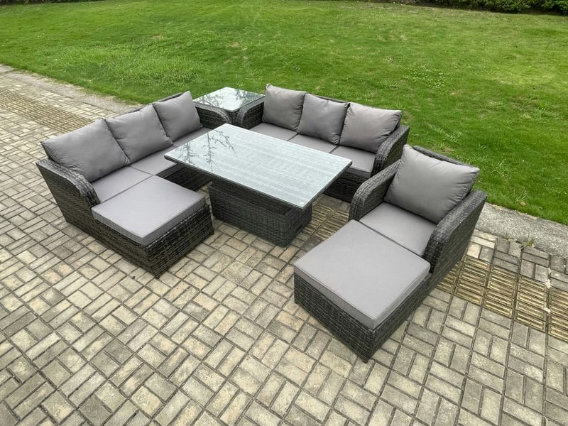 Fimous PE Rattan Outdoor Garden Furniture Sets Height Adjustable Rising lifting Dining Table Sofa Set with Side Tables Reclining Chair 2 Big Footstool