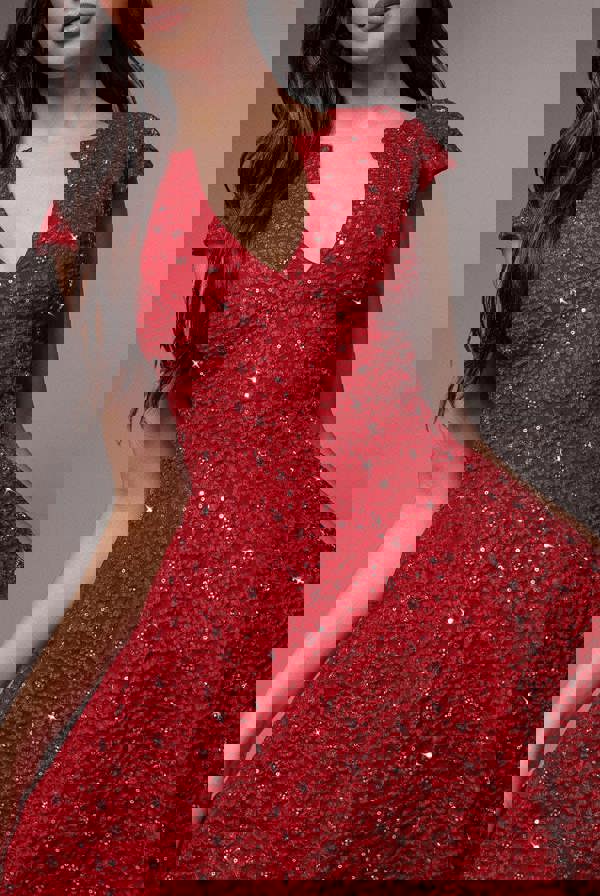 Bead Embellished Jacquard Skater Mini Dress - Red DR4785