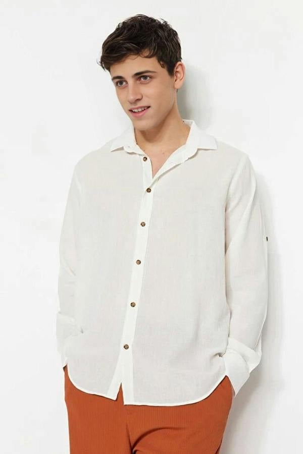 WOVCOR Linen Look Men’s Shirt with Epaulettes and Wrinkled Effect
