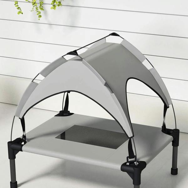 Light grey raised pet bed with canopy and open mesh windows, elevated legs