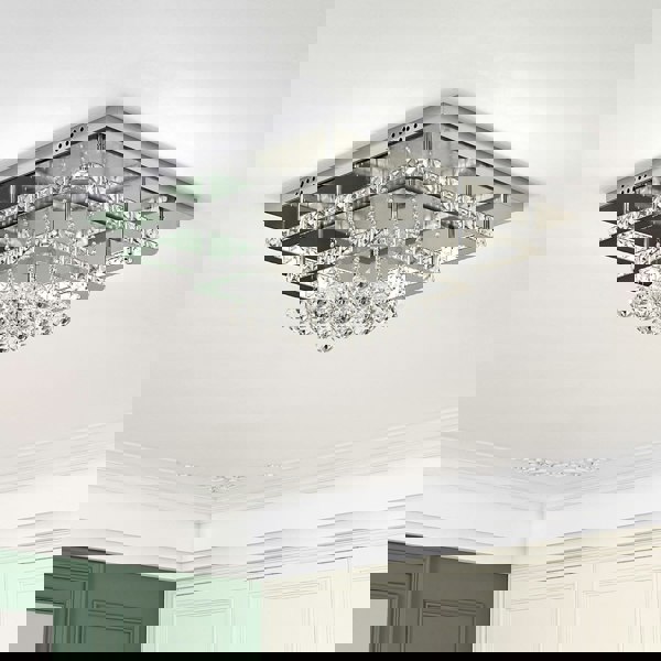 Double Layer Chrome Finished Square LED Ceiling Light with Luxury Crystal Ball Drops Ceiling Lights Living and Home 