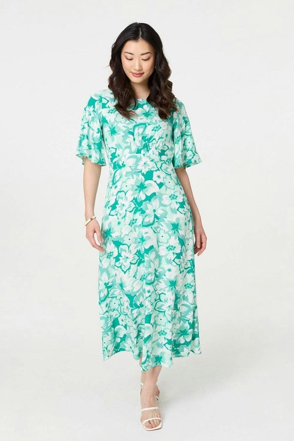 Green | Floral Flared Sleeve A-Line Midi Dress
