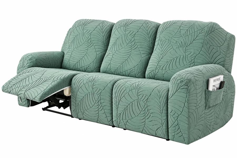 ATEK 8 Piece Stretch Recliner Sofa Cover 3 Seater Slipcover Bean Green Leaf Pattern with Side Pocket