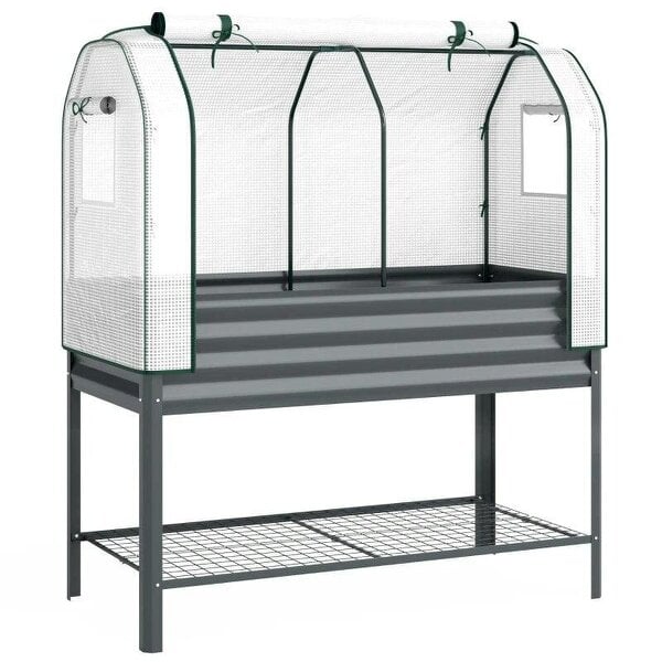 Galvanised Raised Planter with Greenhouse Cover, Metal Raised Garden Bed on Legs with Bed Liner and Bottom Shelf
