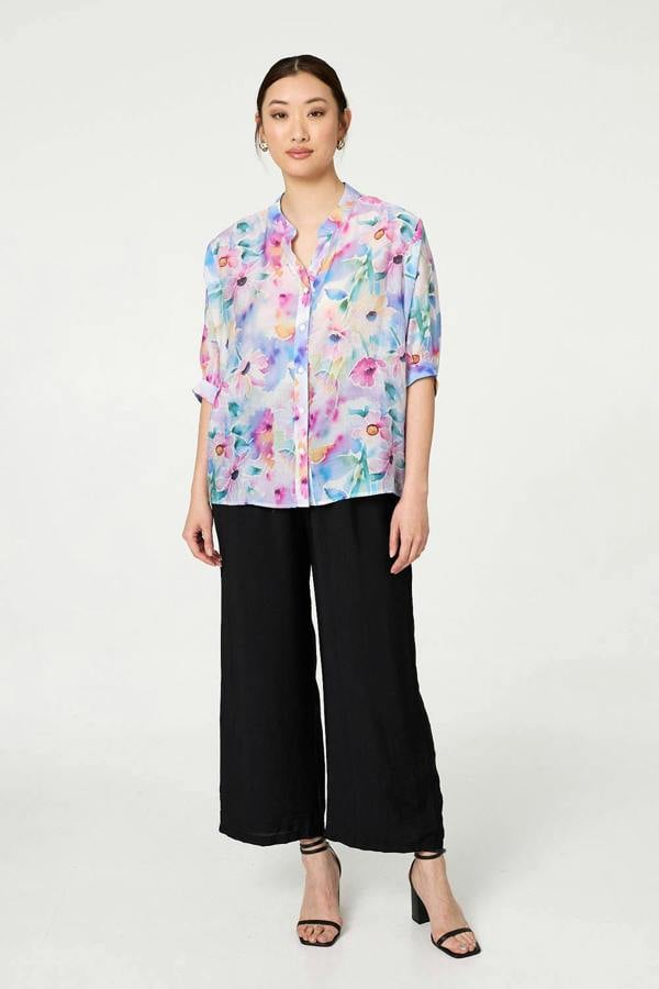 Blue | Floral 3/4 Sleeve Curved Hem Blouse