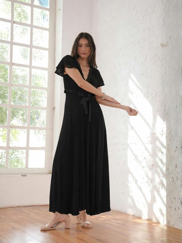 Rose & Nancy Chloe Black Lace Detail Tie Waist Maxi Dress