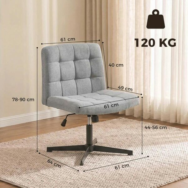 Armless Office Chair, Cross Legged Linen Computer Desk Vanity Chair with Wide Seat, Rocking Function, Grey