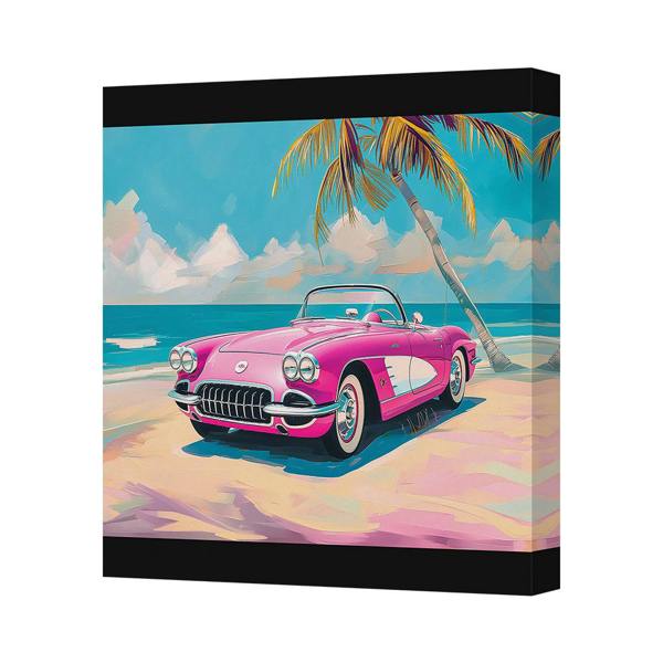 Benjamin Tate Design Vibrant Pink Convertible Car Beach Canvas Art Print For Modern Home Decor