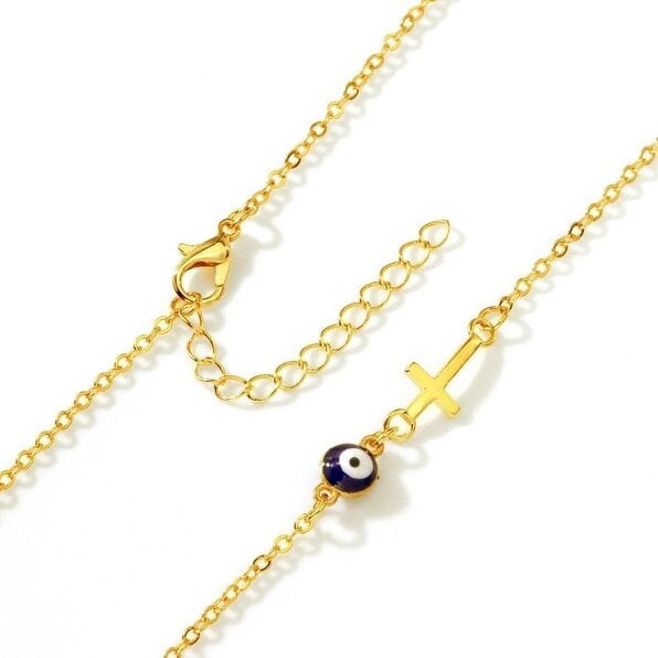 The Colourful Aura Blue Evil Eye Sideways Cross Christian Charm Minimalist Choker Dainty Necklace
