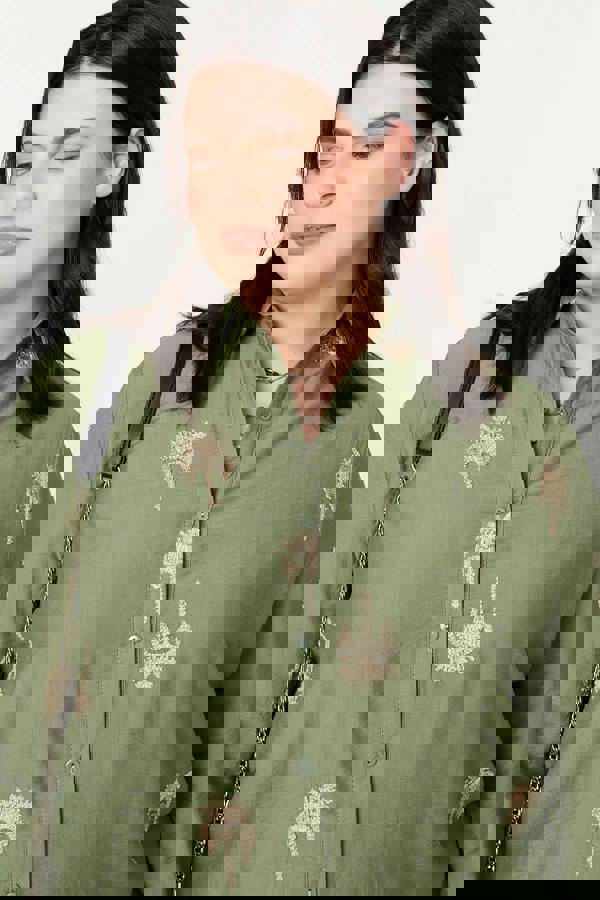 Khaki | Curve Metallic Embroidered Detail Shirt