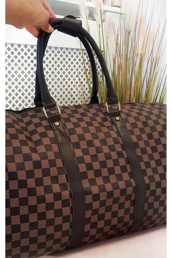 Indigo Checked Print Overnight Bag - Coffee