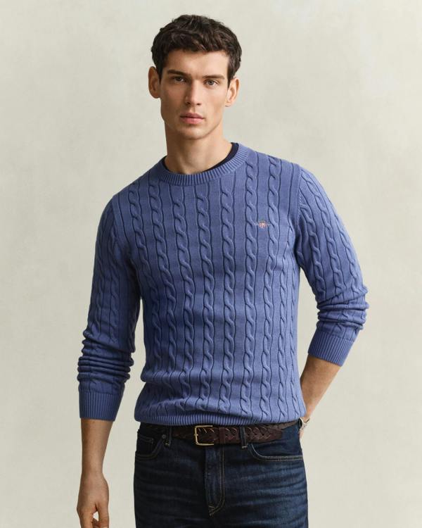 GANT Mens Cotton Cable Knit Crew Neck Jumper - 476 Blue Horizon | CHO | Designer Mens Jumpers