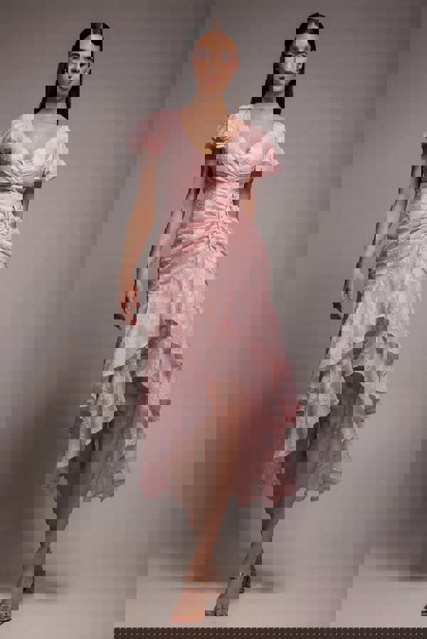 Jacquard Chiffon Wrap High Low Midaxi Dress - Pink DR4552