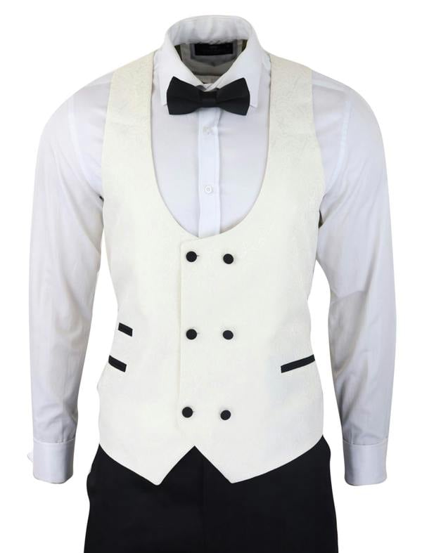 TruClothing Mens Beige Tuxedo Blazer Waistcoat Brocade Ivory Satin Paisley Dinner Jacket