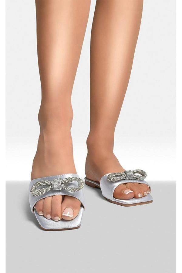 Lexie Embellished Bow Trim Open Toe Sandals - Silver