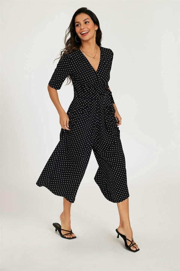 FS Collection Dot Print Short Sleeve Jersey Jumpsuit In Black