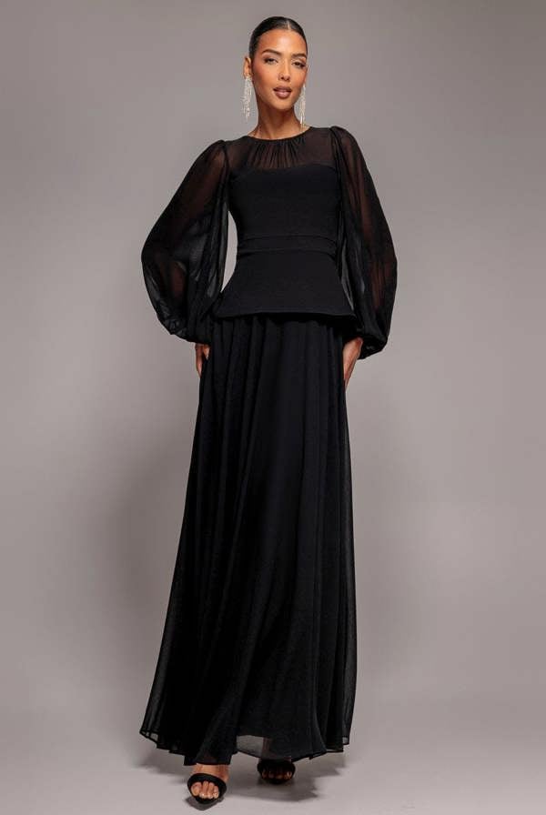 Bishop Sleeve Peplum Top Scuba Crepe And Chiffon Maxi Dress - Black DR4916