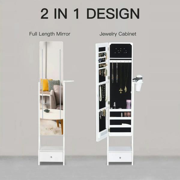 White 2-in-1 full-length mirror with jewelry cabinet storage, LED strip, hooks, and drawer