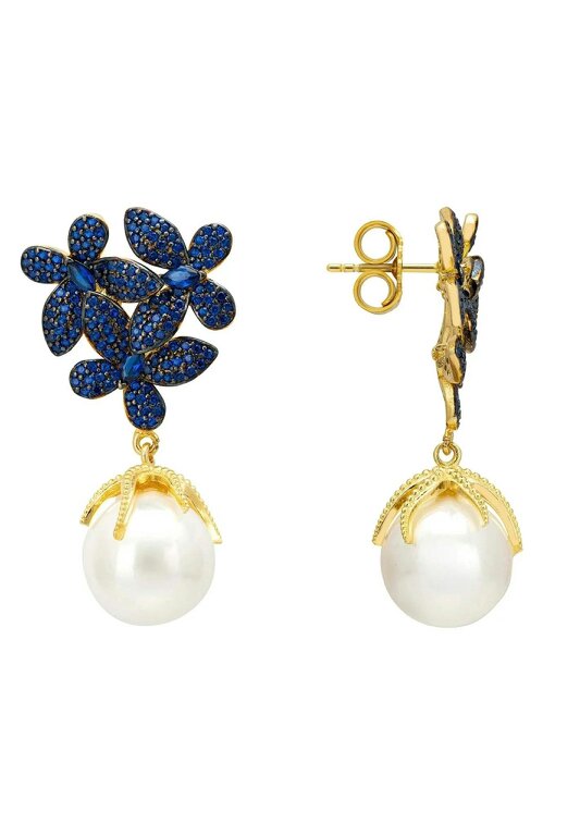 Latelita Flowers Pearl Earrings Sapphire Blue Gold