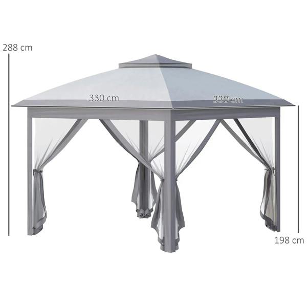 Grey pop-up gazebo with double roof, mesh curtains, and height-adjustable legs, front view