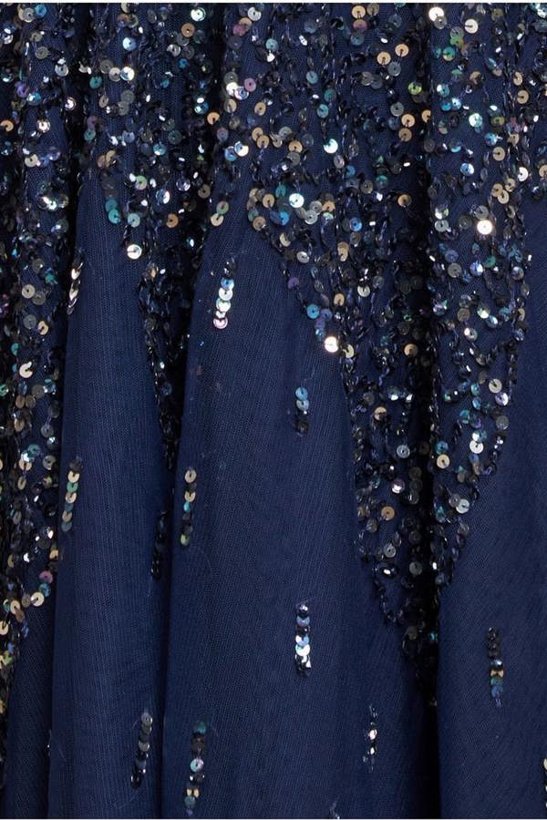 Sunray Hand Embellished Sequin A-Line Bell Sleeve Maxi Dress - Navy Blue DR4654