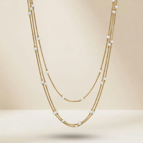 The Colourful Aura Gold Plated Triple Layer Pearl Station Box Chain Necklace 18 Inch