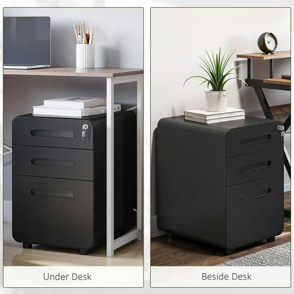 Black lockable 3-drawer file cabinet placed under a desk and beside a desk