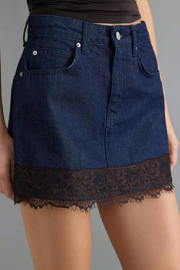 Lace Detail High Waist Mini Denim Skirt