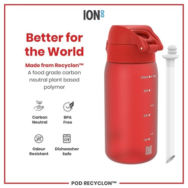 A red water bottle sits on a white background; it is made from a plant-based polymer and is advertised as being better for the world.