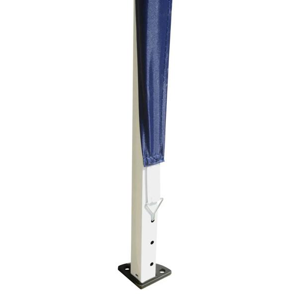 Blue and silver pop-up gazebo base plate with mounted steel support pole