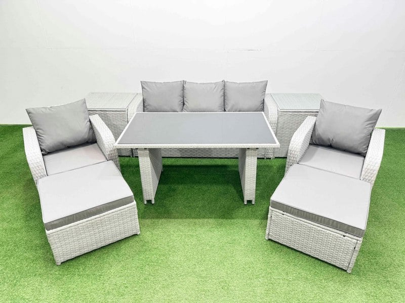 Fimous Outdoor Rattan Garden Furniture Dining Set 7 seater Patio Rectangular Table 3 Seater Sofa Reclining Chair Set with 2 Side Tables 2 Big Stools