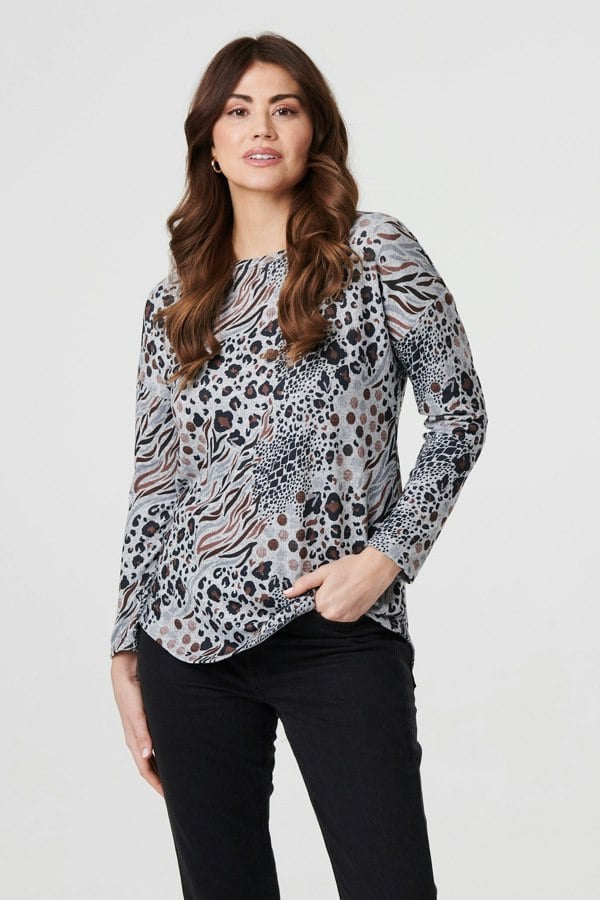 Beige | Animal Print Curve Hem Relaxed Top