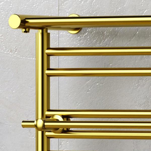 MYHOMEWARE 490mm Wide Electric Shiny Gold Heated Towel Rail Radiator Top Shelf & Two Towel Holder OSLO, Bathroom - AF Thermostatic Element