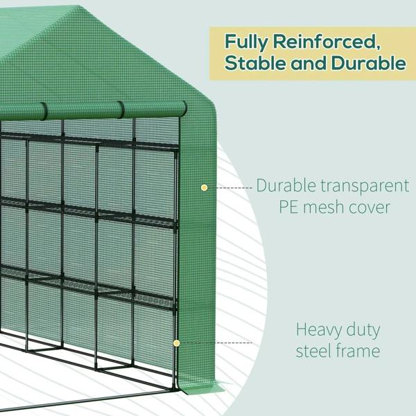 Dark green greenhouse with transparent PE mesh cover and heavy-duty steel frame