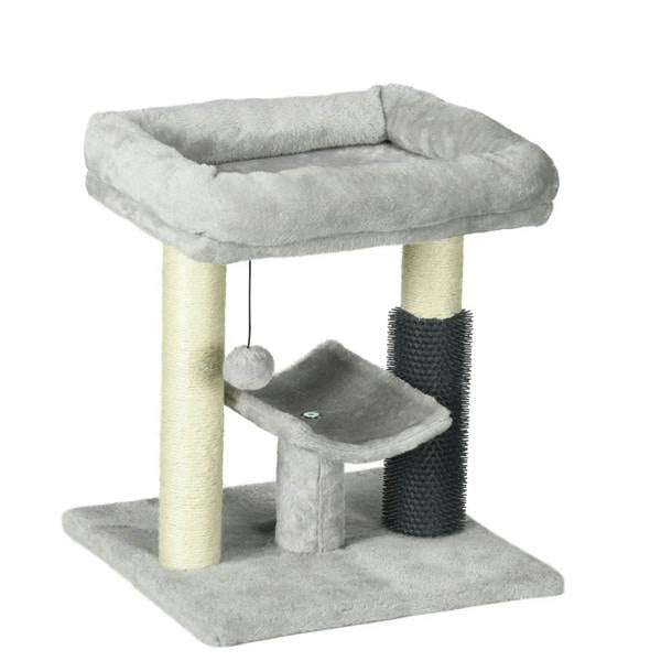 Grey cat tree set with top bed, mid platform, and a dark grey self-groomer scratching cylinder.