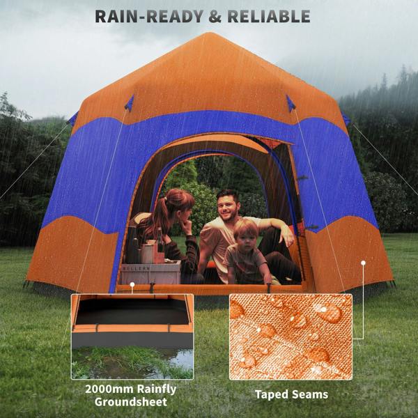 Orange and blue hexagon camping tent with rain-ready front entrance and taped seam detail