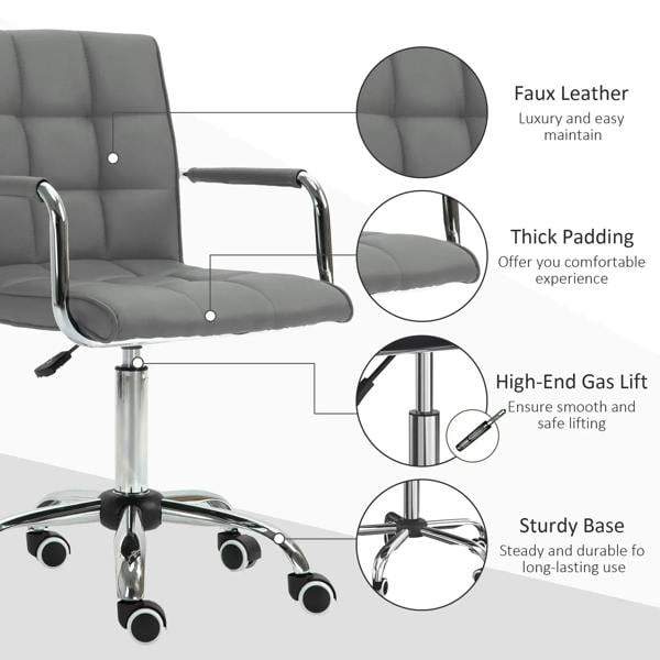 Grey PU leather desk chair with thick padding, high-gas lift, and sturdy chrome base
