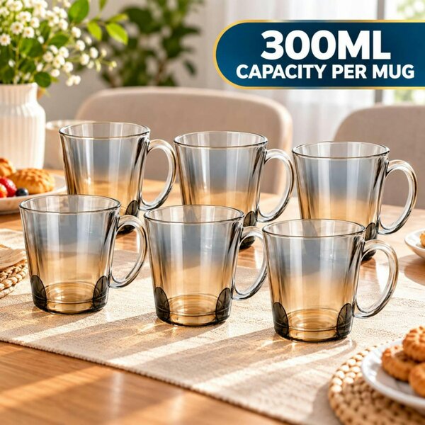 Dyzi 6 Piece 300ml Clear Glass Mug Set Tea Coffee Cups with Handles