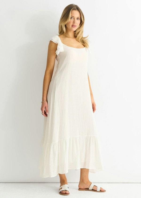 Gini London White Ruffle Short Sleeve Viscose Maxi Dress