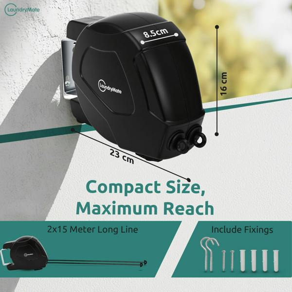 Laundry Mate Retractable Washing line – Duo Reels 30 & 26M Heavy Duty Extendable Washing Line with Twin Cable & Wall Mounted