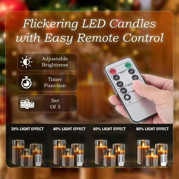 LKH HOME COLLECTION Flickering Glass LED Candles Pack of 3 - Warm White Light Battery Operated Candles with Remote Control